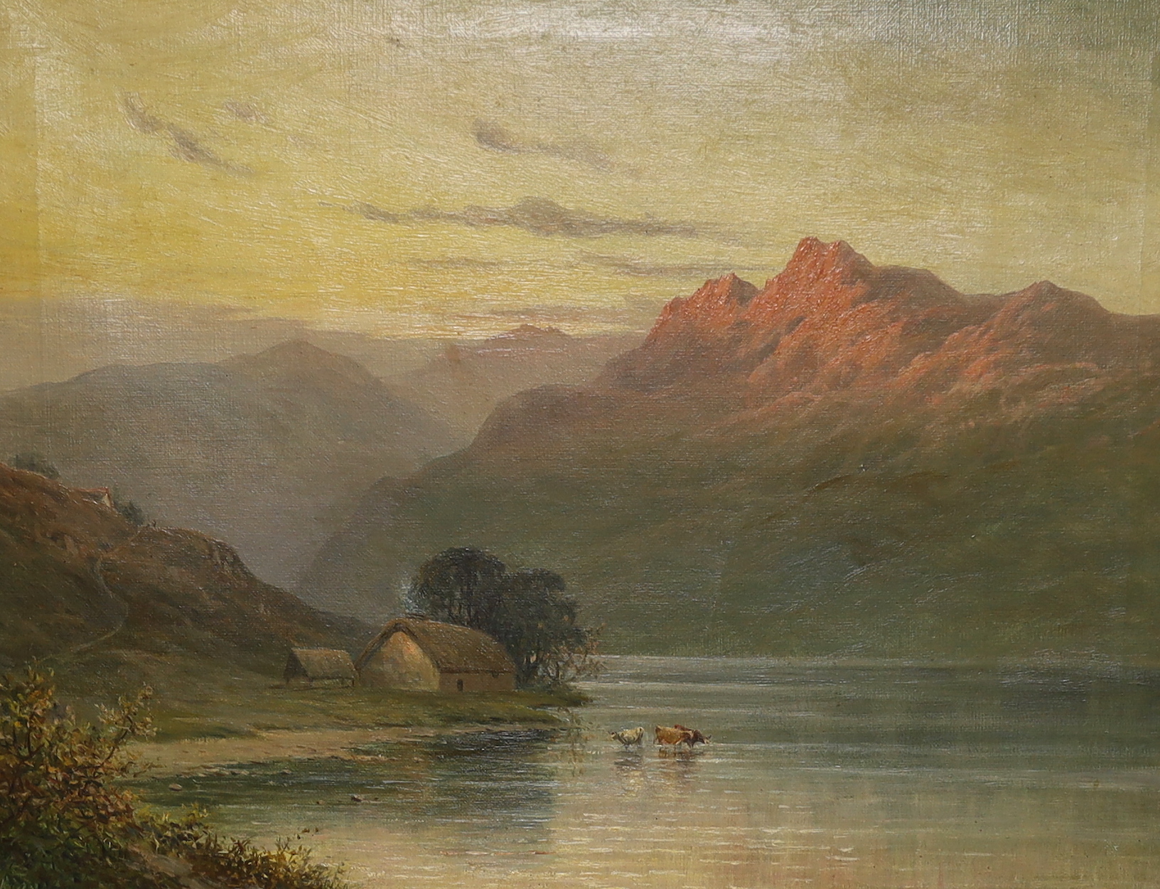 L. Leroux (19th.C), oil on canvas, Mountainous loch scene with highland cattle, ink inscription verso, 34 x 44cm